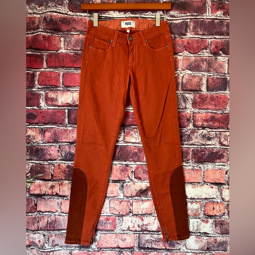PAIGE Skinny Jeans with Equestrian Saddle Patches & Ankle Zips - Rust/Cinnamon
